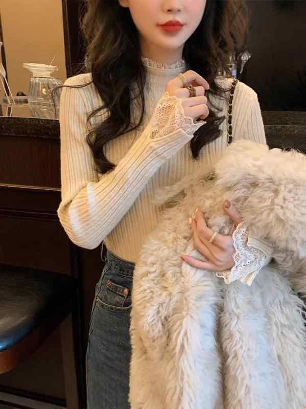 ニット レディース 秋冬 レース 半高襟 長袖 トップス アンゴラ タートルネック プルオーバー ニットソ..