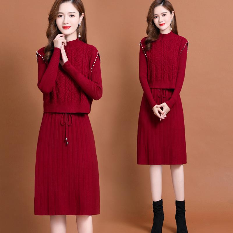 ニットワンピース レディース 長袖 カーディガン 2点セット 秋冬 厚手 幾何学模様 ひざ丈 ミディアム丈 Aライン ゆったり 通勤 エレガント 赤 ベージュ 黒 紫 コーヒー色
