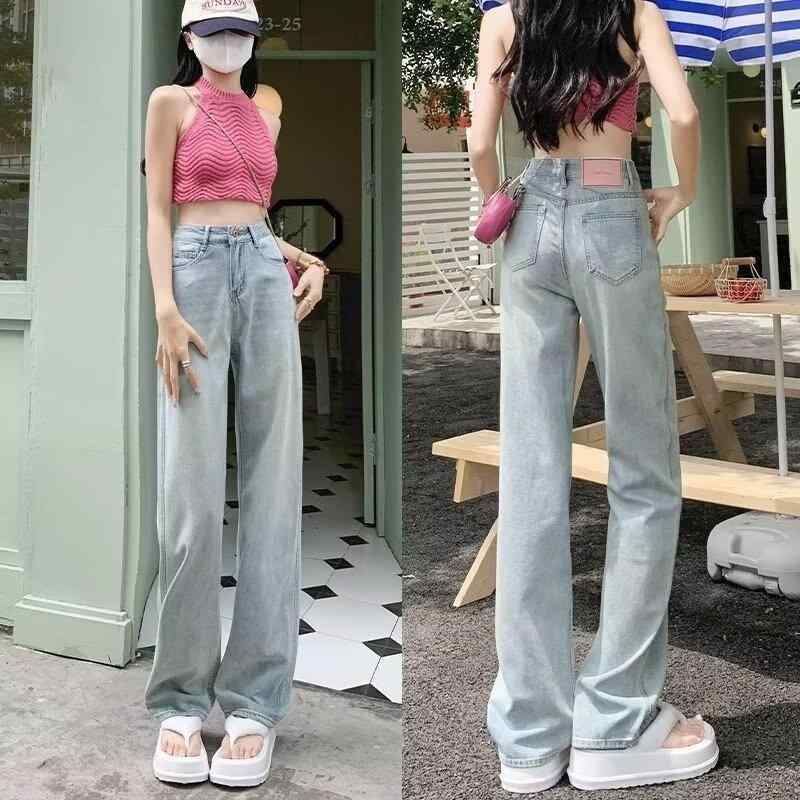牛仔裤 女性用 浅い青 ワイドレッグ ストレート デニムパンツ ゆったり 通勤 梨型身材 高腰 ロング丈 コットン ミデ…