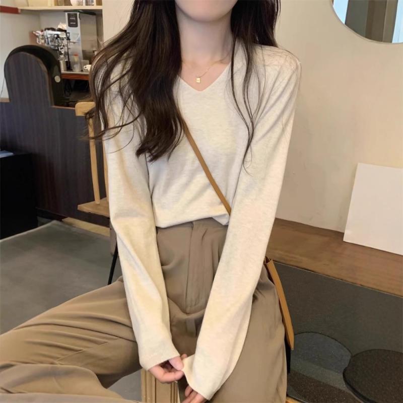 ニット レディース 春秋冬 Vネック 長袖 プルオーバー トップス チュニック ゆったり 杏色