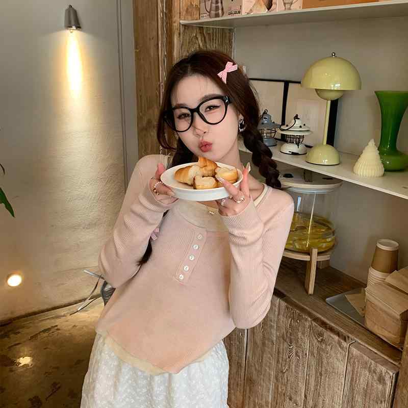 ニット レディース トップス 長袖 プルオーバー ドッキング 20代 30代 きれいめ かわいい 小鸡黄 腮红粉 配色 春秋 通勤 オフィス カジュアル