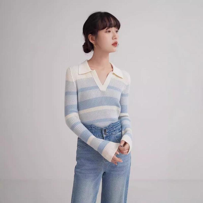 ニット レディース グラデーション ブルー ストライプ Vネック トップス 秋冬 デザイン スリム 長袖 プ..