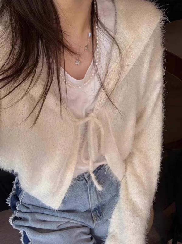 カーディガン レディース ニット 春秋 柔らかい 紐付き ショート丈 ふわふわ トップス アウター ゆったり 海軍襟 無地 アイボリー パープル 普段使い デート