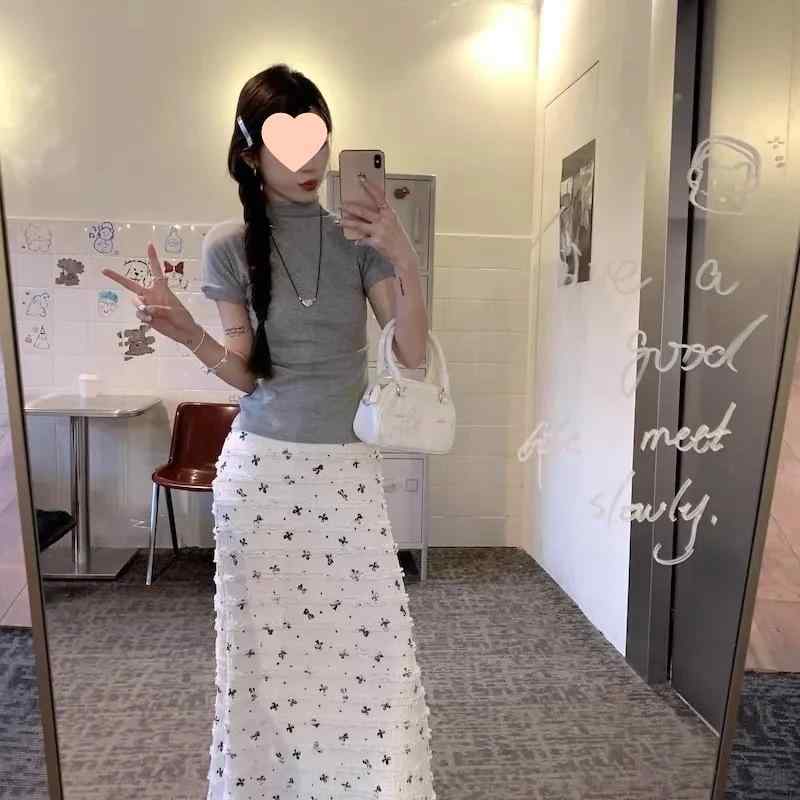 スカート レディース 魚尾スカート 蝶結び プリント レース 幾何学模様 镂空デザイン ポリエステル 中ロング丈スカート 白 S M L XL 2XL プライベート お嬢様風 মিষ্টি এবং তাজা 春夏