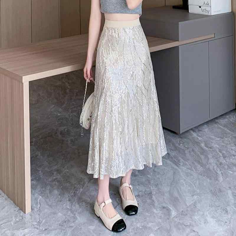 スカート レディース Aライン スパンコール ポリエステル プリーツ ミモレ丈 傘スカート シルバー 黒 通勤 オフィス カジュアル 春夏 秋冬