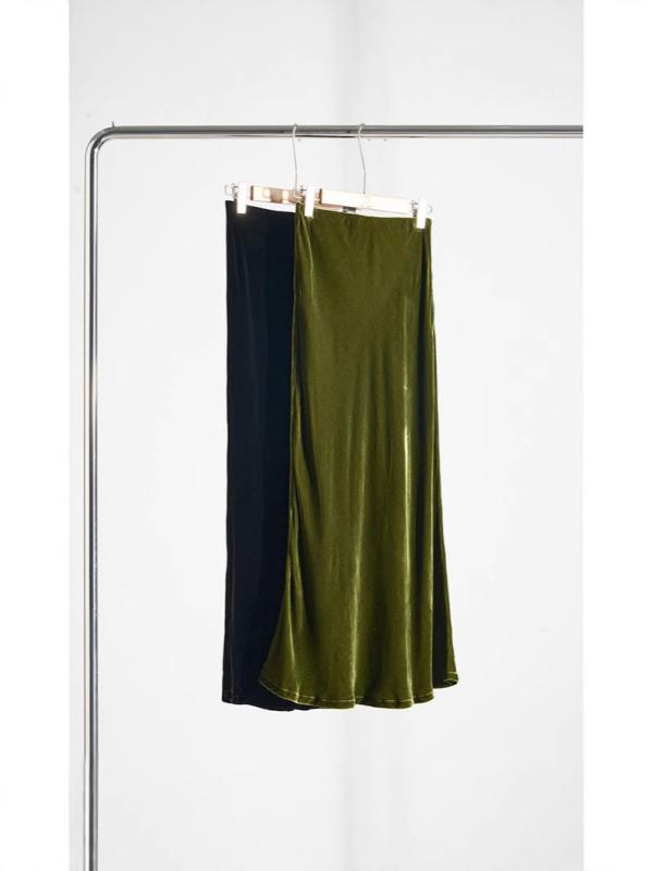 スカート レディース 真丝 絹 ベルベット ウエストゴム ミモレ丈 マーメイドスカート 春 ブラック 黒 グリーン 緑 S M L XL