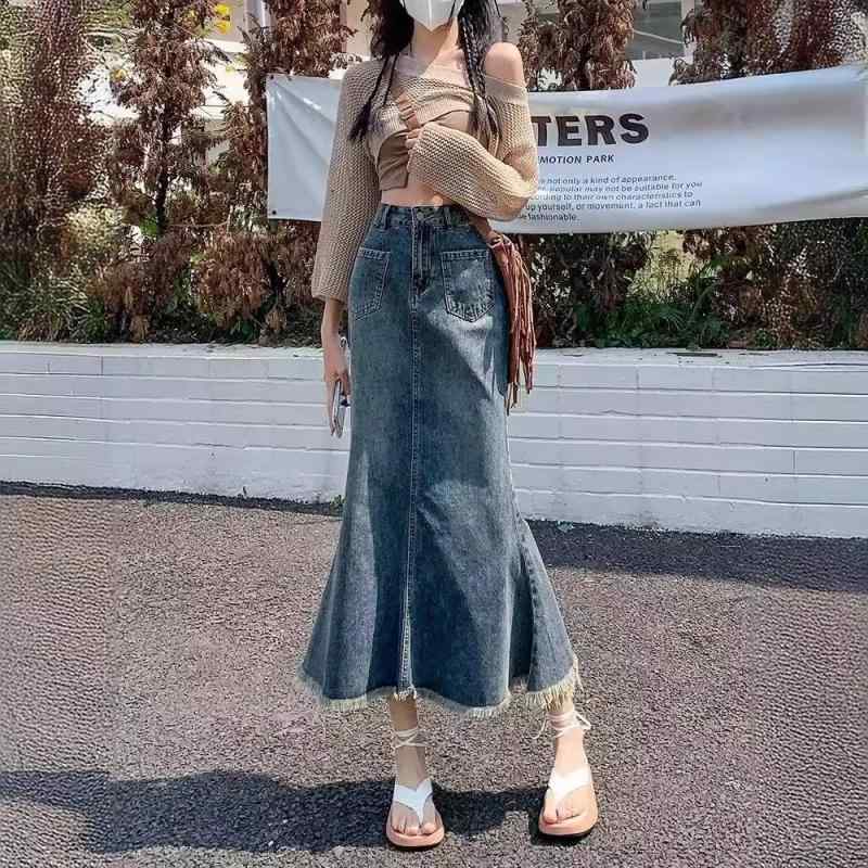 デニム スカート レディース 春夏 ミモレ丈 Aライン ハイウエスト 切り替え フリンジ カジュアル レトロ ブルー ブラック