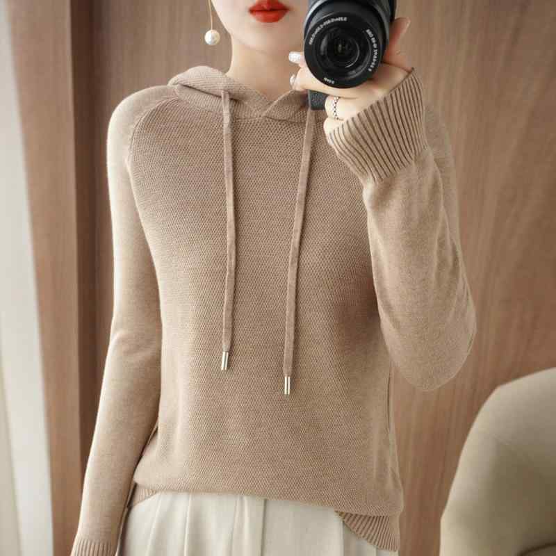 Long-Sleeved Knit - ニット レディース パーカー 厚手 セーター カジュアル プルオーバー フード付き 羊毛 ウール混紡 ゆったり 大きめサイズ ミドル丈 ベージュ グリーン キャメル パープル ブルー ブラック
