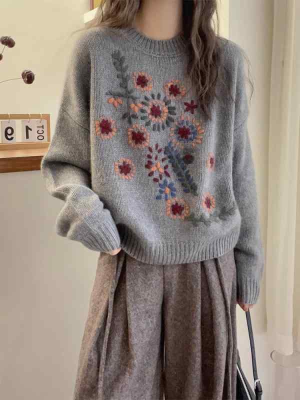 ニット レディース 灰色 フェアアイル柄 プルオーバー 秋冬 厚手 ショート丈 トップス ニットセーター 婦人服 ゆったり かわいい カジュアル