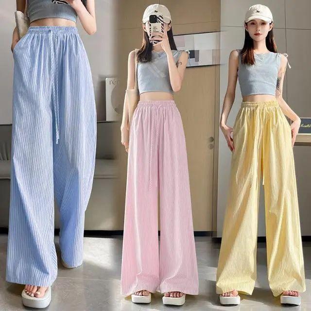 パンツ レディース ブルー ストライプ ワイドレッグパンツ 春夏 ストレート ルーズ カジュアル リラッ..