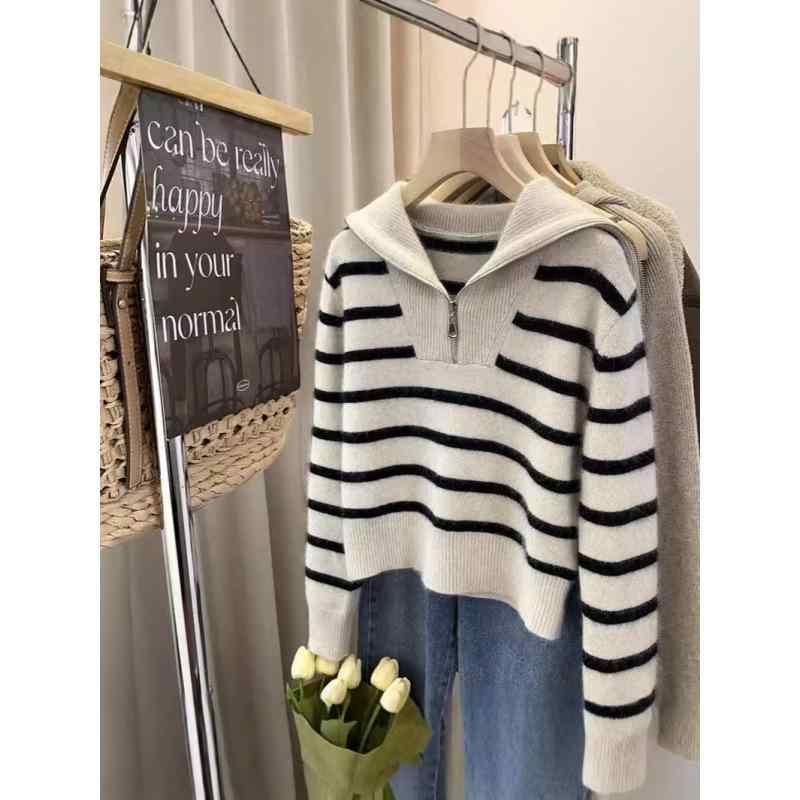 ニット レディース 配色 ストライプ柄 大きめ 襟 長袖 プルオーバー ハーフジップ リブ編み スリム ショート丈 トップス 秋冬