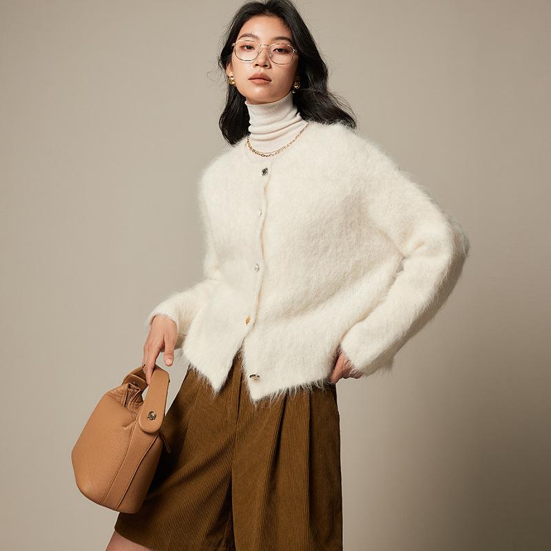 Long-Sleeved Knit - カーディガン レディース アルパカ ニット アウター 秋冬 ラウンドネック 長袖 無地 ブルー ホワイト ピンク グレー