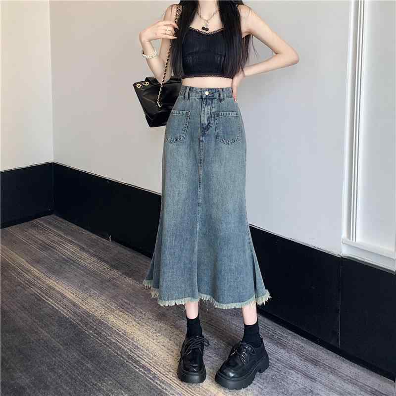 デニムスカート レディース 春夏 ミモレ丈 タイトスカート マーメイドスカート ハイウエスト 切りっぱなし風 Aライン 美脚 脚長効果 黒 ブラック ブルー カジュアル 私服