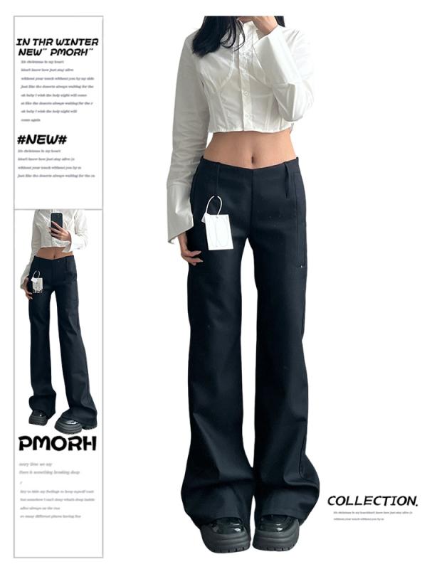 パンツ レディース 黒色 レトロ ローライズ カジュアル スーツパンツ デザイン性 スタイルアップ 美脚..