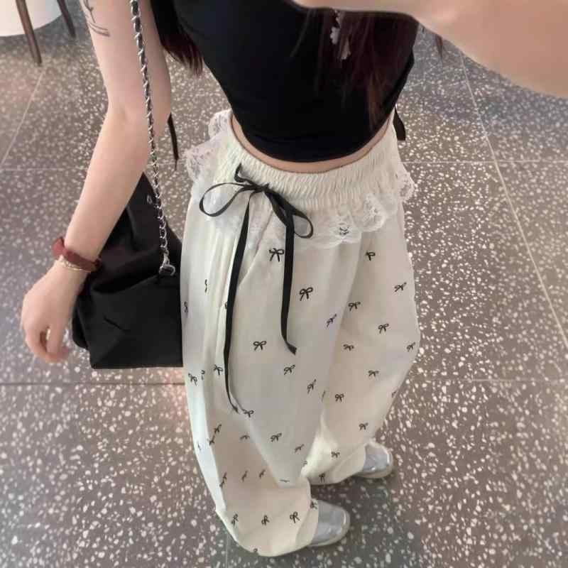 パンツ レディース 高腰 ストレート 伸縮性 ウエストゴム レース 切り替え 刺繡 カジュアル ゆったり ..