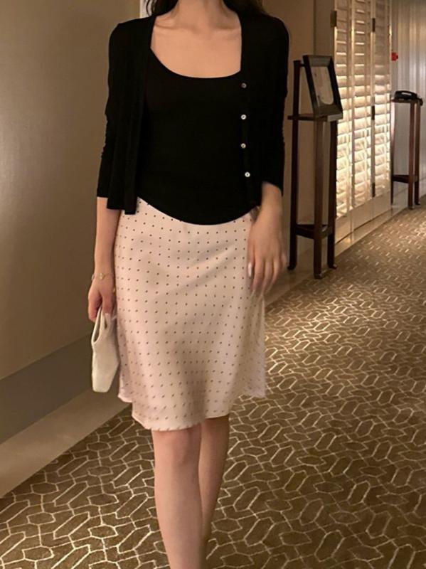 スカート レディース A字スカート ミディ丈 魚尾スカート ドット柄 ポリエステル 切り替え 2025春夏 シャンパンピンク かわいい ガーリ..