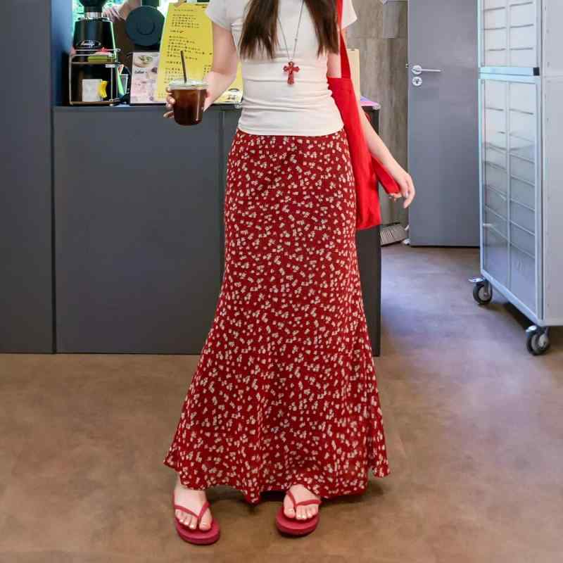スカート レディース 春夏 Aライン 花柄 シフォン ロングスカート ハイウエスト 赤色 ポリエステル レトロ きれいめ 上品 エレガント
