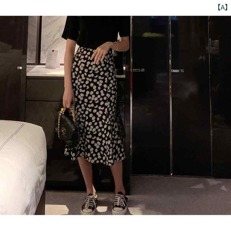 シャドーテールのスカート レディース 春夏 ミモレ丈 ハイウエスト 小花柄 Aライン マーメイド タイトスカート かわいい 伸縮性｜アングル2