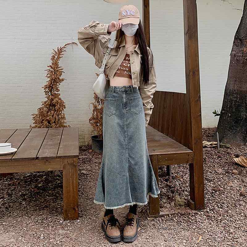 デニムスカート レディース 春夏 ミモレ丈 Aライン マーメイドスカート 切りっぱなし ほっそり見え ブルー ポリエステル