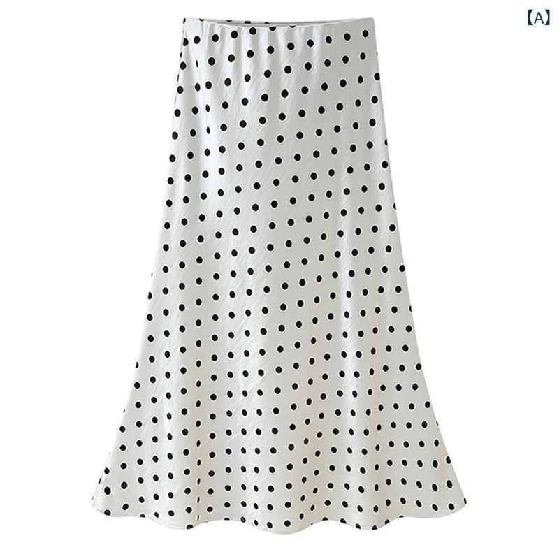 シャドーテールのスカート レディース 春 高見え ドット柄 膝下 Aライン ロングスカート ウエストゴム 体型カバー ポリエステル 白色 黒色｜アングル2