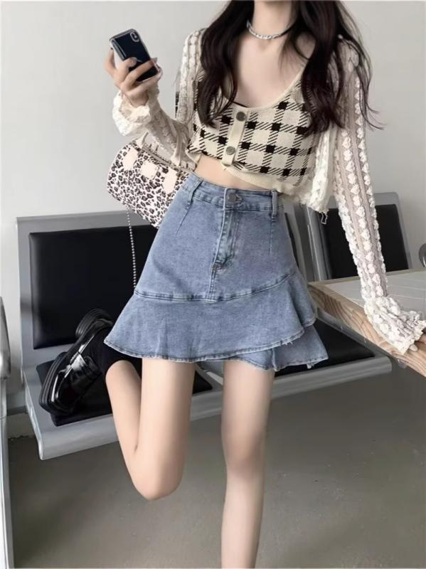 スカート レディース デニムスカート ミニスカート ハイウエスト Aライン フリル タイトスカート ブルー 春夏 韓国風 カジュアル