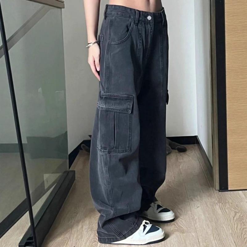 ジーンズ レディース 黒灰 直筒 工装パンツ ハイウエスト ワイドレッグ ロング丈 ゆったり ミリタリー風 ミッドライズ ストレート デニム ポリエステル混 微弾力 ボタン 洗い加工 秋 オフィス カジュアル ストリート 普段使い