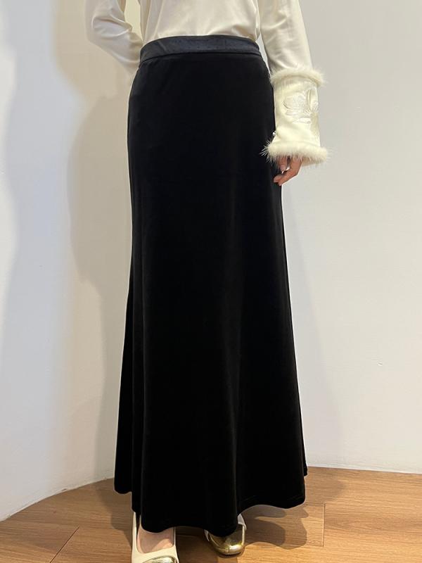 スカート レディース 高腰 魚尾 フレアスカート ロングスカート ポリエステル 無地 ブラック 黒色 ゴールド 金色 エレガント フェミニン 中国風 秋冬(4)