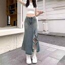 デニムスカート レディース 春夏 ミモレ丈 Aラインスカート 不規則な裾 スリット ハイウエスト マーメイドスカート レトロ ヴィンテージ カジュアル 通勤 デート