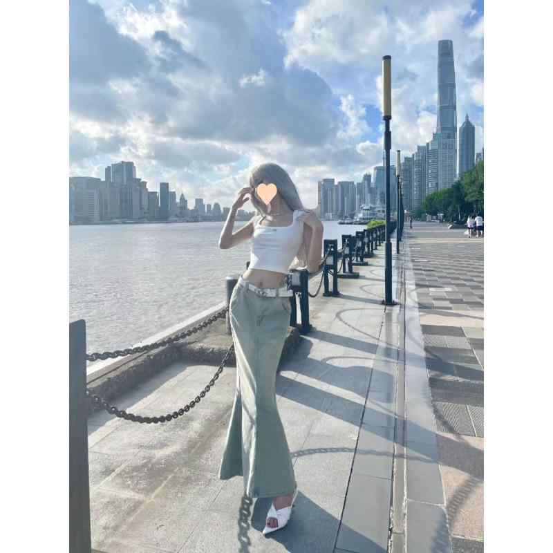 スカート レディース デニム マーメイド Aライン ロング 高見え 美脚 スタイルアップ 黄緑色 XS S M L XL