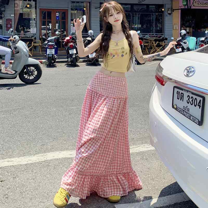 スカート レディース ピンク系 チェック柄 ハイウエスト 膝下丈 フレアスカート Aライン ロングスカート 切り替え 伸縮性