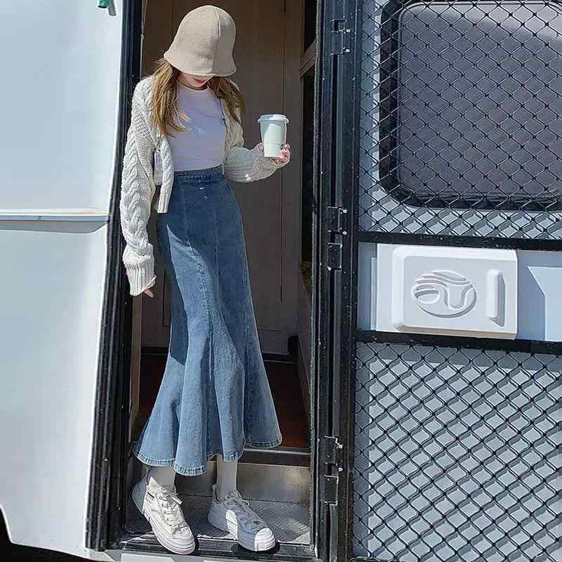 スカート レディース 春夏 デニム マーメイドスカート ロングスカート ハイウエスト Aライン 着痩せ かわいい ブラック ブルー(4)