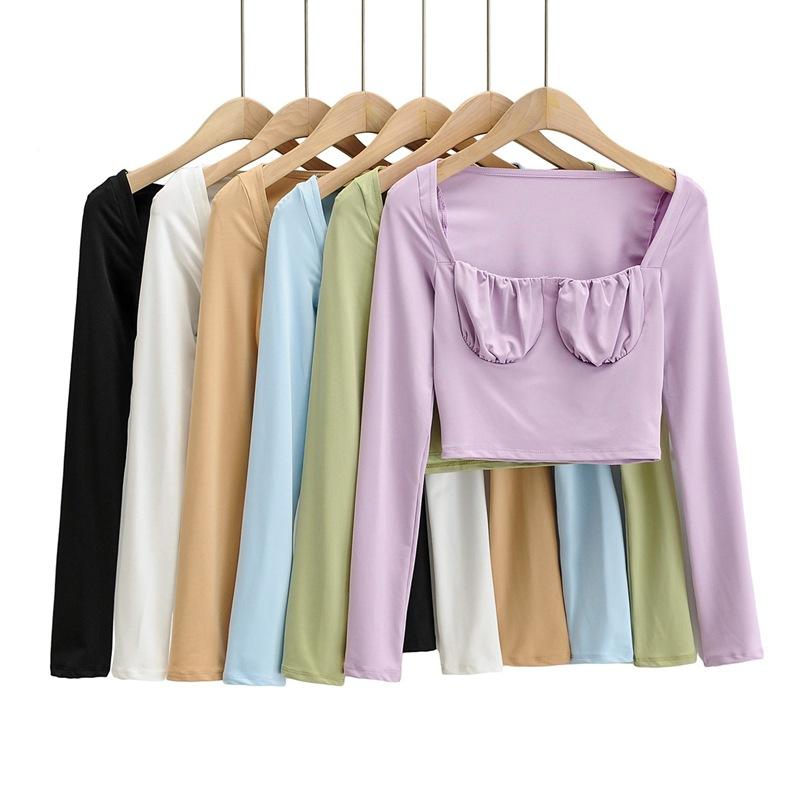 乐天商城 - Tシャツ レディース 春秋 長袖 ショート丈 スリム 無地 トップス カットソー 綿混紡 スクエアネック 黒 紫 カーキ 白 水色 豆緑