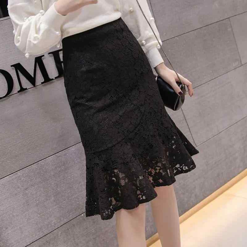 Skirts - スカート レディース 春夏 レーススカート ミモレ丈 韓国風 ハイウエスト フリル マーメイドスカート タイトスカート 白 黒 S M L XL 2XL