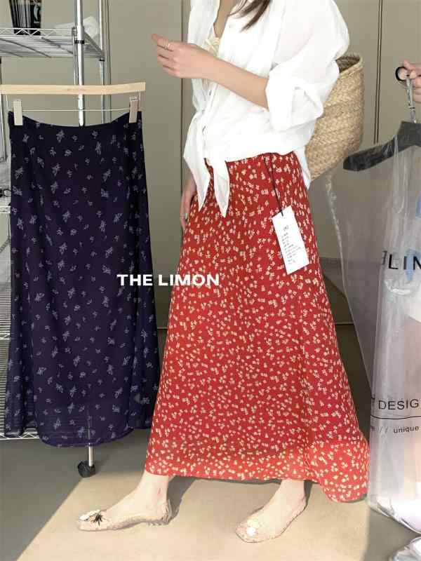 スカート レディース 韓国風 レトロ シフォン フラワープリント Aライン ロング丈 スリムフィット パープル レッド