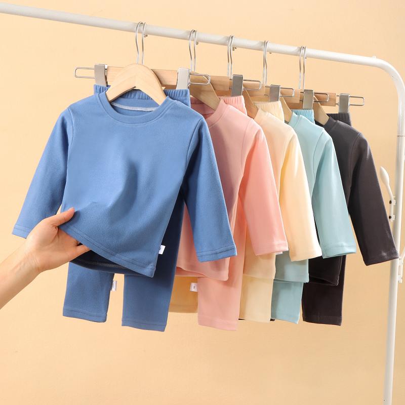 子供用パジャマ 秋冬 徳绒(ドイツのベルベット) 無地 女児用長袖シャツとズボン 男児用ホームウェア ベ..