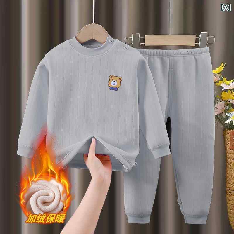 子供用インナー 上下セット ベビー 秋冬 男女兼用 厚手 あったか 部屋着 パジャマ ポリエステル 無地 73cm 80cm 90cm 100cm 肩ボタン付き 2way股 灰色 ブルー イエロー ベージュ ピンク