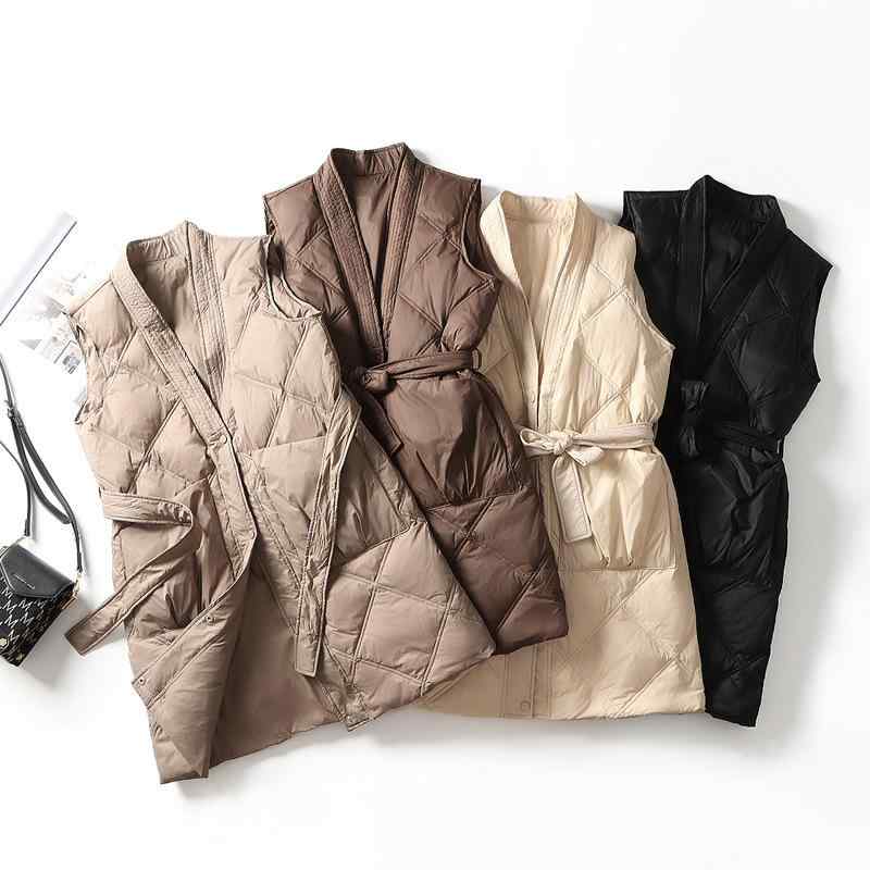 ダウンベスト レディース 中綿 腰ベルト付き Vネック 婦人服 ミドル丈 アウター 羽織り 上着 防寒着 あ..