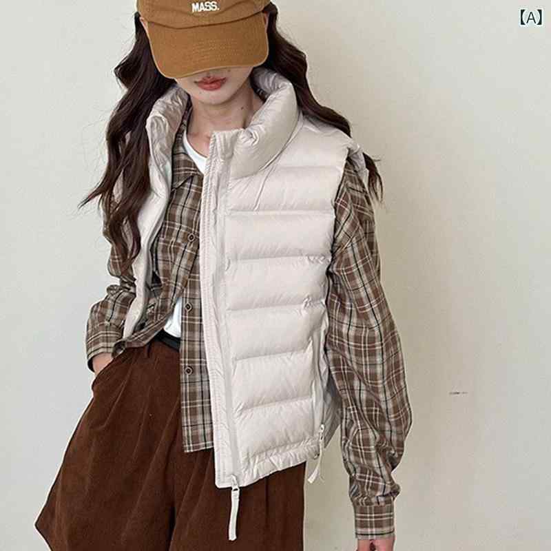 ベスト レディース 韓国風 立襟 ライトアウター ダウン風 中綿 ノースリーブ ジャケット トップス 無地 ゆったり ミリタリー カーキ ブラック オフホワイト 秋冬 2