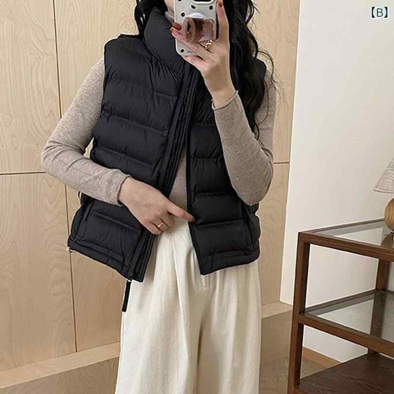 ベスト レディース 韓国風 立襟 ライトアウター ダウン風 中綿 ノースリーブ ジャケット トップス 無地 ゆったり ミリタリー カーキ ブラック オフホワイト 秋冬 3