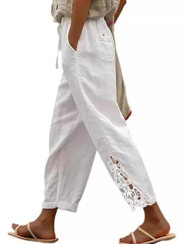 パンツ レディース ファッション レース 切り替え デザイン ハイウエスト ドローストリング ポケット 9分丈パンツ 通勤 無地 綿 薄手 カジュアル 白 ホワイト 黒 ブラック グレー ブルー 春 秋