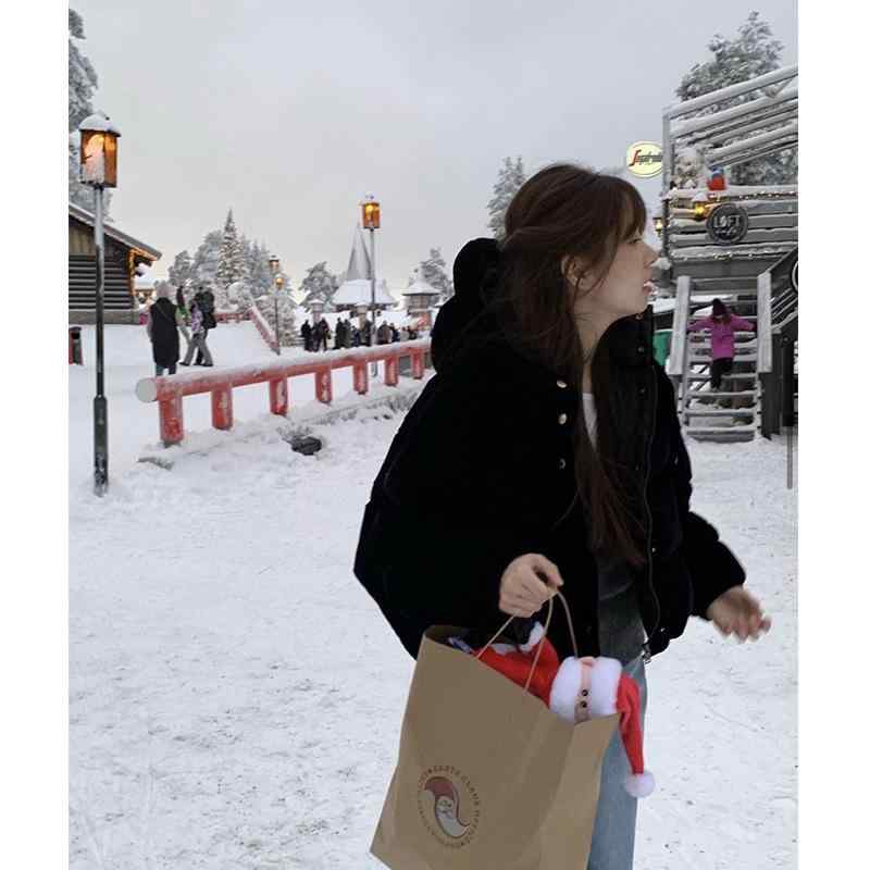 ダウンジャケット レディース 婦人服 ヴィンテージ風 ベルベット フード付き 白鹅绒 ショート丈 ゆったり ブラック 秋冬