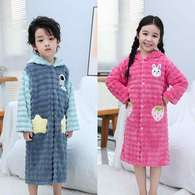 バスローブ キッズ 長袖 前開き スナップボタン 泡泡绒 吸水速乾 厚手 サンゴ绒 子供用 S M L 小企鹅 ..