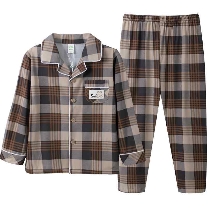 子供用パジャマ 男の子 春秋 綿 長袖 薄手 春 ホームウェア キッズ 中学生 高校生 ブラウン系 格子柄