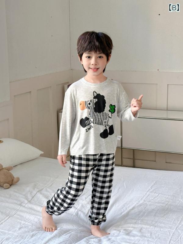シャドーテールの子供服 長袖パジャマ 男の子 モダール 薄手 通気性 春秋 ベビー服 丸首 ホームウェア 春秋 五角星 小熊 グレー ゼブラ 白 恐竜 吸湿速乾 90 100 110 120 130 140 150｜アングル3