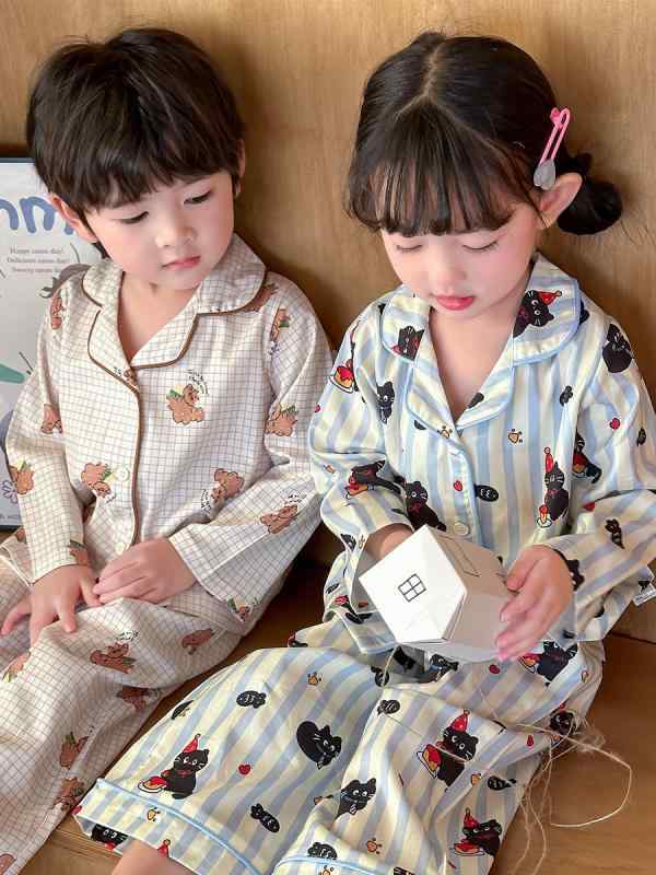 Pajamas - 子供用パジャマ 子供用ルームウェア 長袖コットン 上下セット 春夏秋冬 男女兼用 90 100 110 120 130 140 保温性 吸湿性 通気性 格子柄 アニマル柄 かわいい