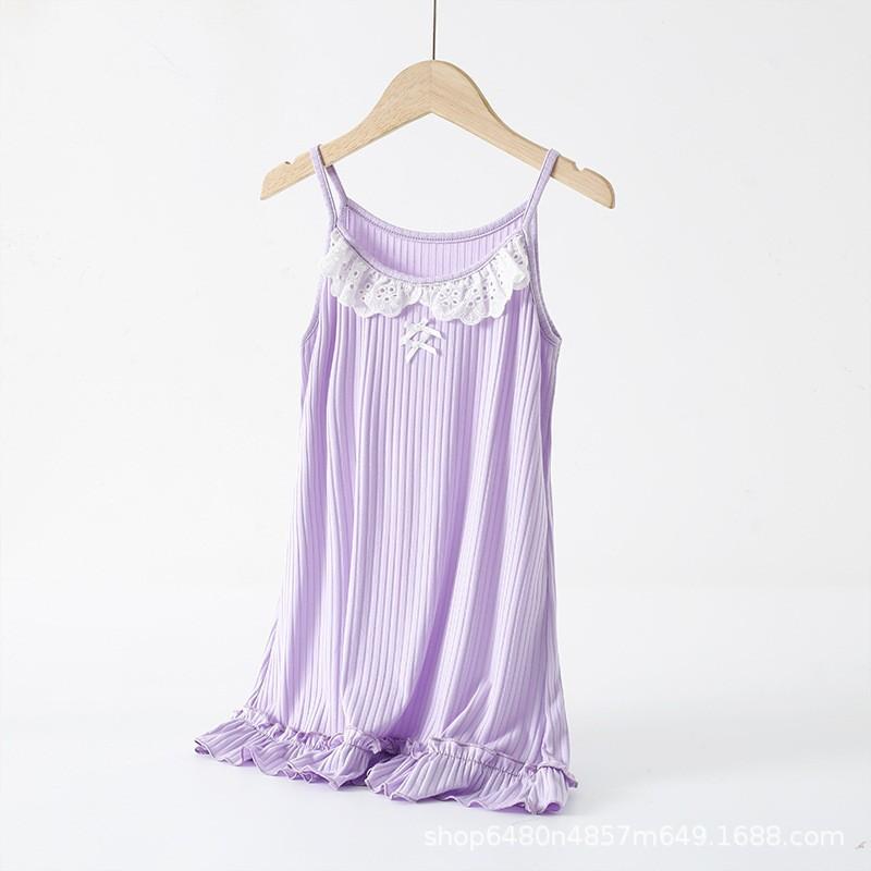 睡衣 - 子供用ネグリジェ モダール キャミソールワンピース 春夏 パジャマ 女の子 プリンセススタイル ホームウェア 花柄レース 半白 肉ピンク 浅紫 黄色 110cm 120cm 130cm 140cm 150cm 160cm 170cm
