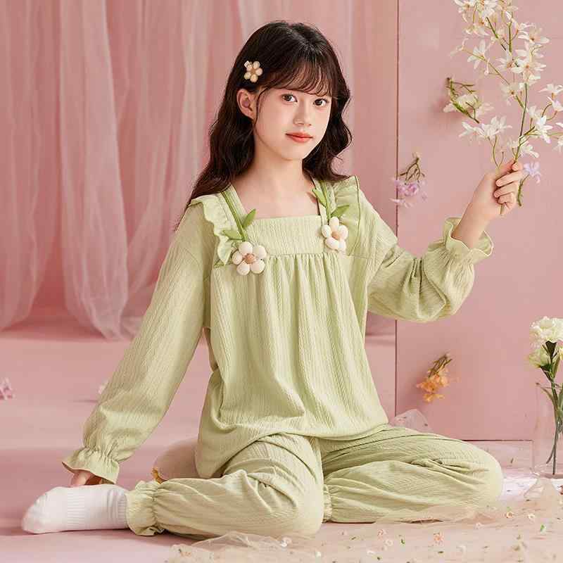 子供用パジャマ 春秋 中大童サイズ 女の子 プリンセス かわいい フリル付き コットン100% 部屋着 薄手 アイスブルー ミントグリーン ベージュ ラベンダー ピンク 花柄