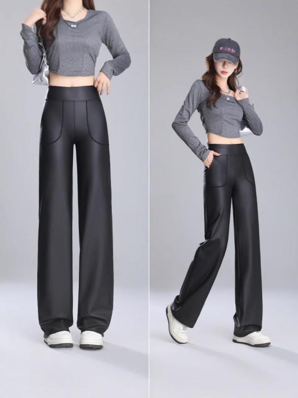 パンツ レディース PUレザーパンツ 秋冬 高見え あったか 裏起毛 ストレートパンツ ハイウエスト 美脚 ポケット付き M L XL XXL ブラック 大きいサイズ 伸縮性 カジュアル 通勤