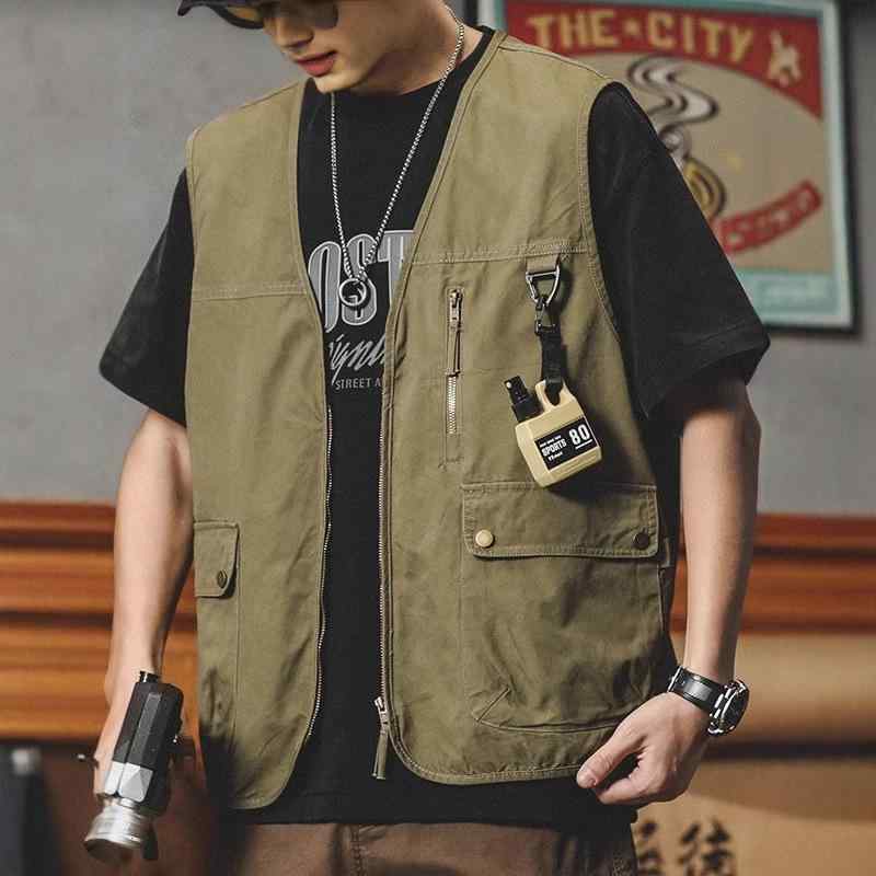 ベスト 男性用 ワーク ウェア アウトドア キャンプ ジャケット 多ポケット カーキ色 グリーン