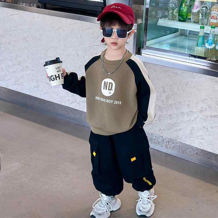 キッズ スウェット 上下セット 男の子 子供服 長袖トップス パンツ スポーティー カジュアル ミドル丈パンツ 配色切り替え 綿 秋 ベージュ グリーン